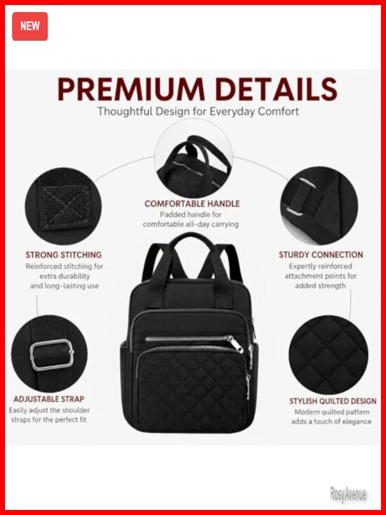 Quilted Square Backpack Waterproof Nylon Daypack Multi Pocket Lightweight Top